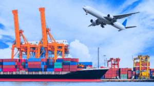 Cargo ship and airplane representing global trade and logistics