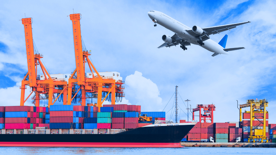 Cargo ship and airplane representing global trade and logistics