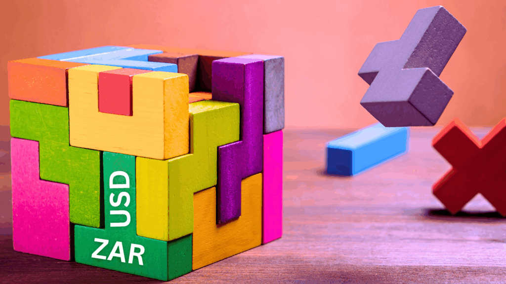 Wooden puzzle cube with falling blocks symbolising USD/ZAR forex complexity